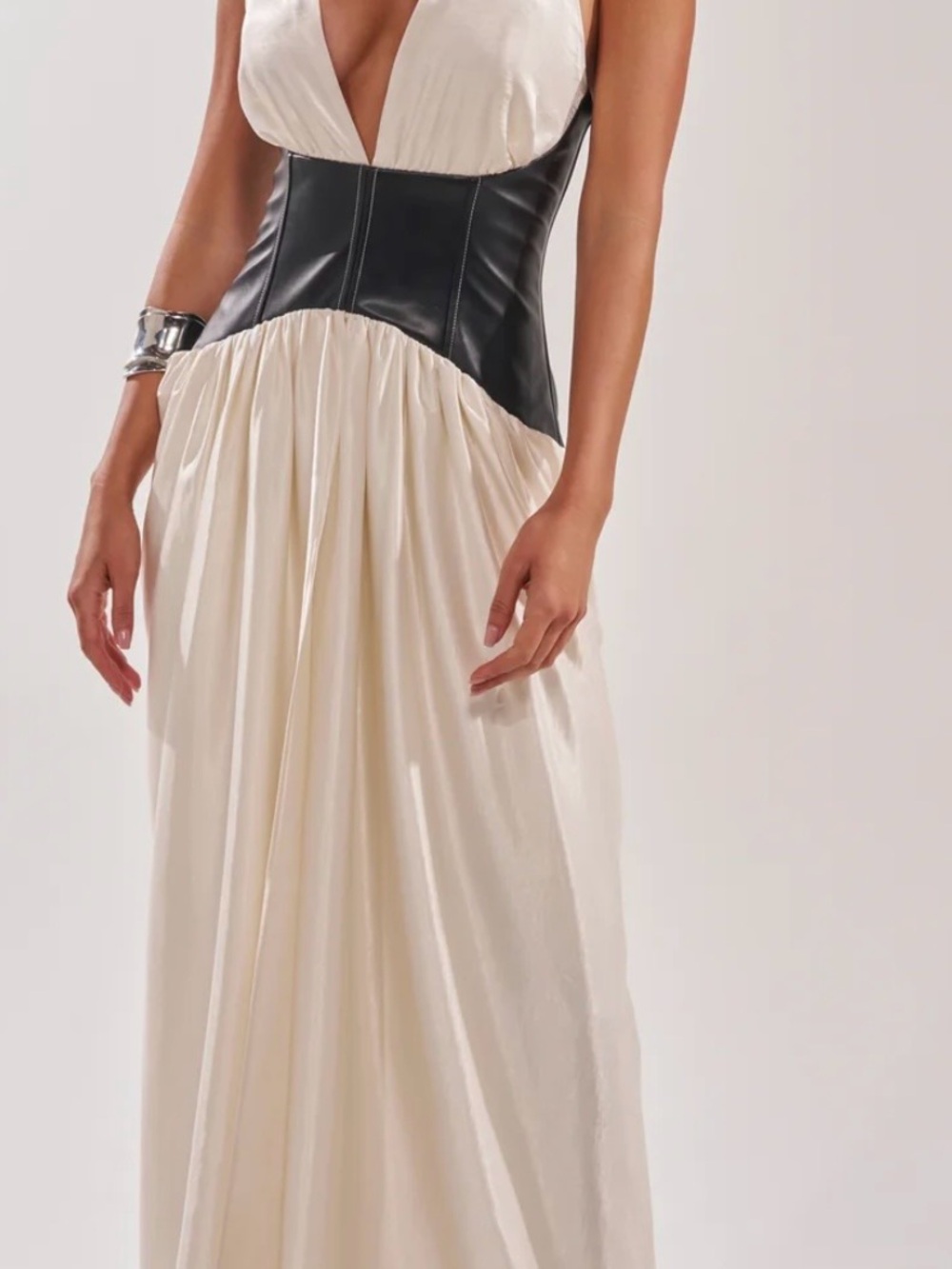 AKIRA Ivory Plunge Maxi Dress with Black Corset Waist